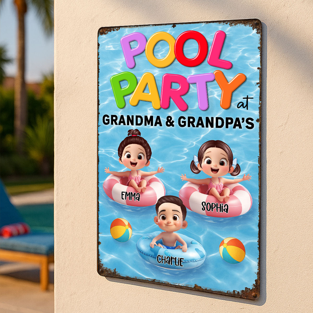 Pool Party at Grandma & Grandpa Personalized Metal Sign, Grandkids Summer Sign