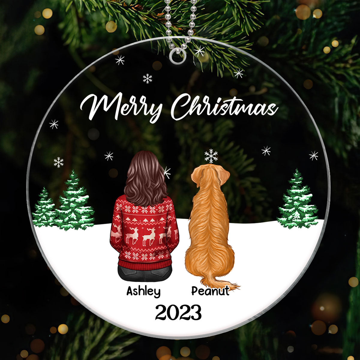Merry Christmas Man Woman Couple & Dogs Cats Personalized Circle Acrylic Ornament