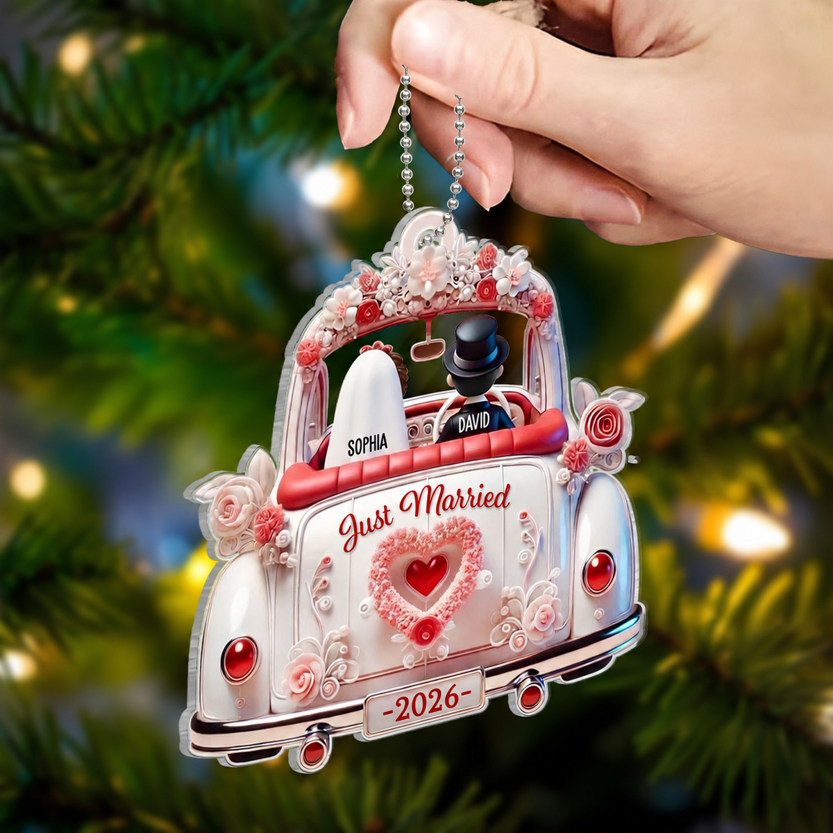First Christmas Married Couple In Wedding Car Personalized Acrylic Ornament, Unique Christmas Gift For Newlyweds