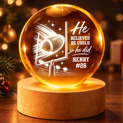 Proud American Football Player Name And Number - Personalized Crystal Ball - Christmas Gift For Teenagers, American Football Players, American Football Lovers, Daughter, Granddaughter, Son, Grandson