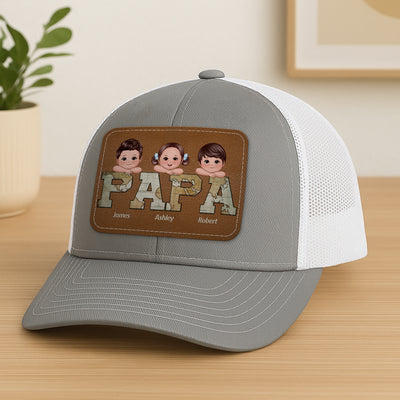 Grandpa Dad We Love You World Map Pattern Doll Kids On Hand Personalized Leather Patch Hat