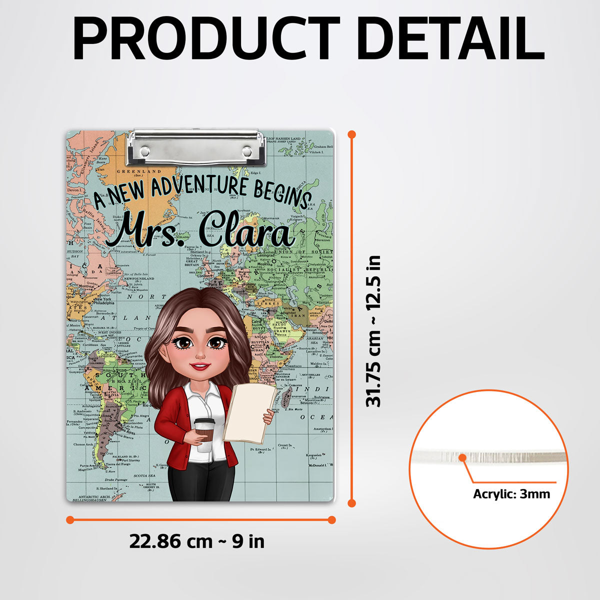 World Map Adventure Themed Teacher Personalized Clipboard, Back To School Gift For Teacher, Colleagues