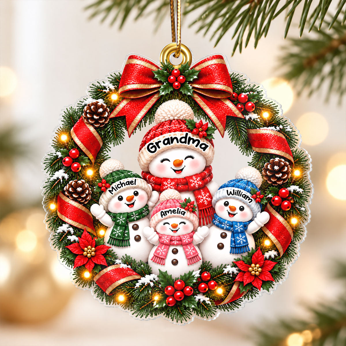 Festive Grandma & Grandkids Snowman Wreath 2D Flat – Personalized Acrylic Ornament - Christmas Gift For Grandma, Grandparents & Family