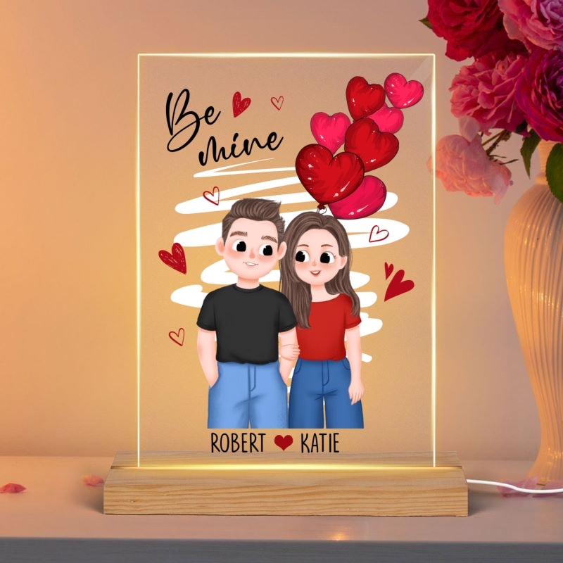 Be Mine Cute Illustration Couple Gift For Him For Her Personalized Rectangle Acrylic Plaque LED Night Light