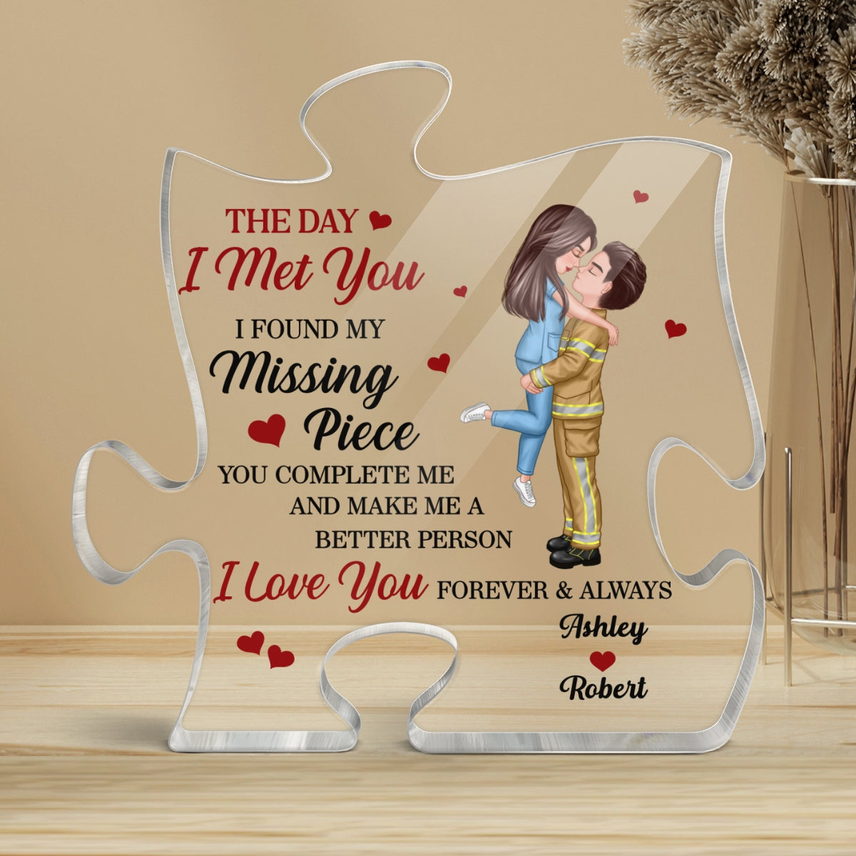 The Day I Met You Couple Valentine‘s Day Gifts by Occupation Gift For Her Gift For Him Firefighter, Nurse, Police Officer Personalized Puzzle Acrylic Block Plaque