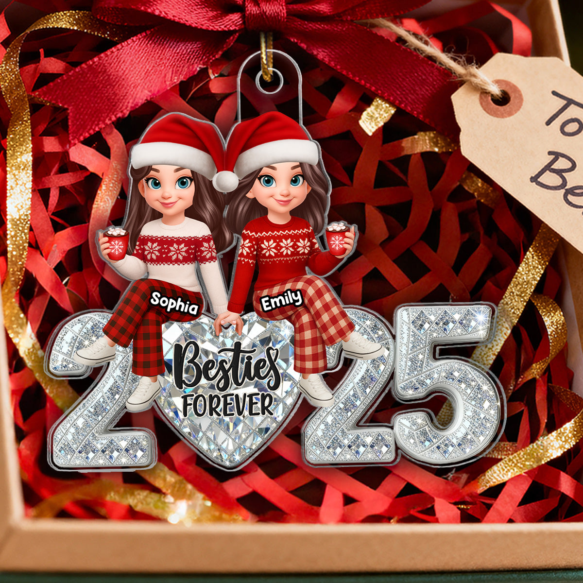 3D Shining Effect Heart Besties Forever Together - Personalized Acrylic Ornament - Heartwarming Gift For Best Friend