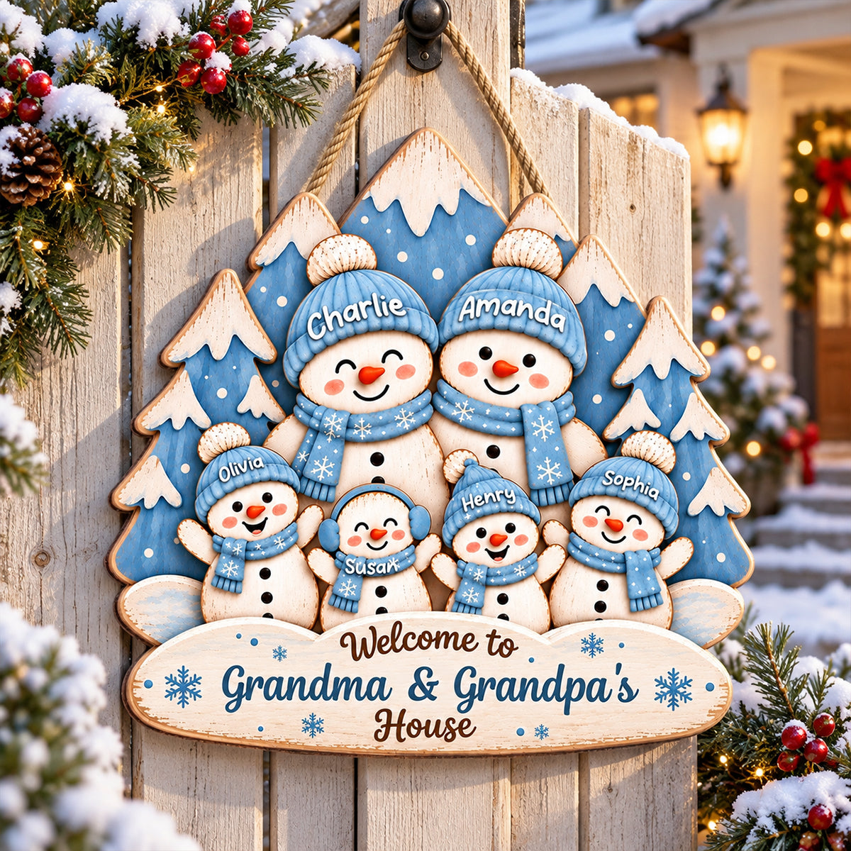 Blue Winter Forest Snowman Grandparents & Grandkids 2D Flat Printed - Personalized Wood Sign - Christmas Gift For Grandma & Grandpa