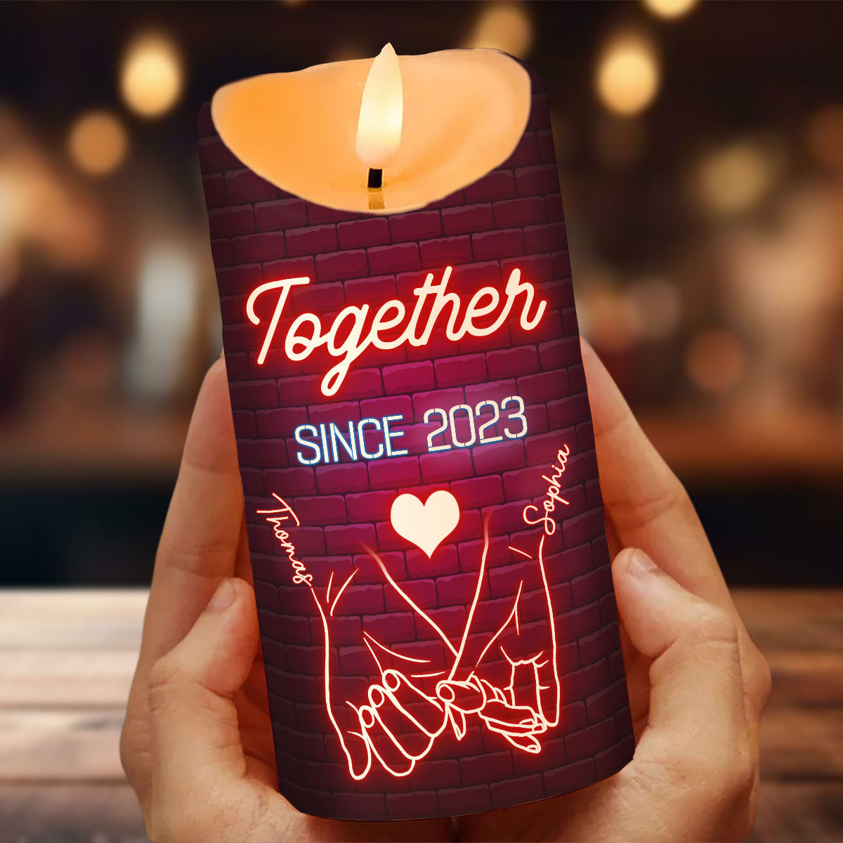 Couple Love Message Neon Light Theme Hand In Hand Outline Personalized LED Candle
