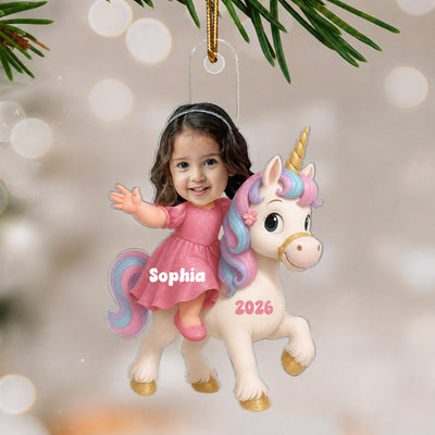 3D Effect Custom Kid Photo Face With Unicorn Christmas Personalized Acrylic Ornament