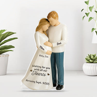 Waiting For You With All Our Hearts 3D Effect Couple Expecting Baby Personalized Acrylic Flat Block Plaque, Baby Shower Gift For Parents-to-be