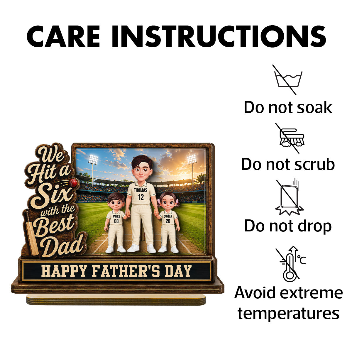 Hit A Six With The Best Dad Cricket Dad & Kids On Field 2D Flat - Personalised 2-Layered Wooden Plaque -  Gift For Husband, Dad