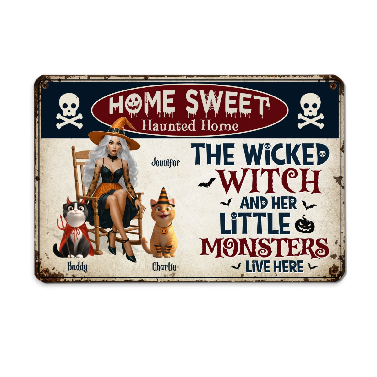 Warning A Wicked Witch and Her Little Monsters Live Here Personalized Metal Sign, Halloween Decor for Cat Lovers