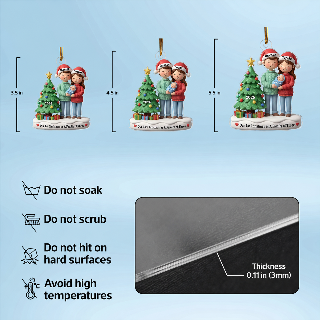 3D Effect First Christmas As Family Of Three Mom Dad & Baby By Tree - Personalized Acrylic Ornament
