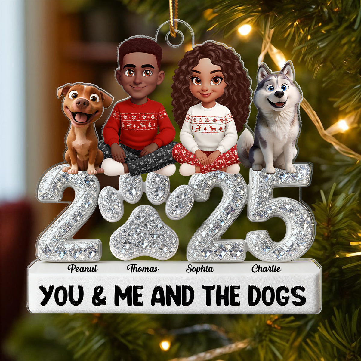 3D Shining Effect Christmas Couple You Me And The Dogs - Personalized Acrylic Ornament - Gift For Dog Lovers
