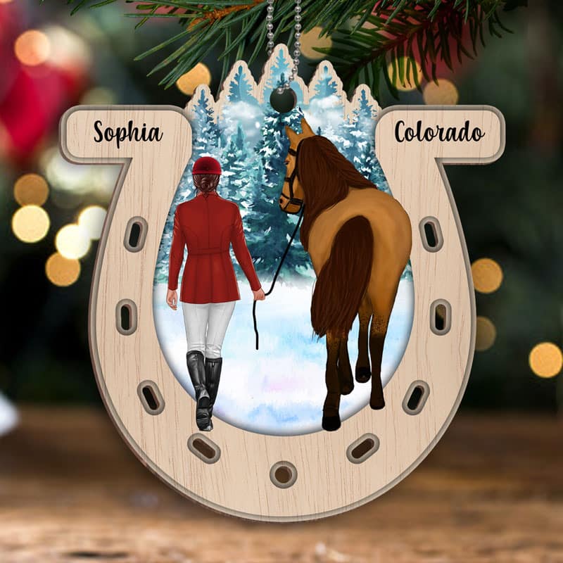 Girl And Horse Horseshoe Personalized Wooden Ornament