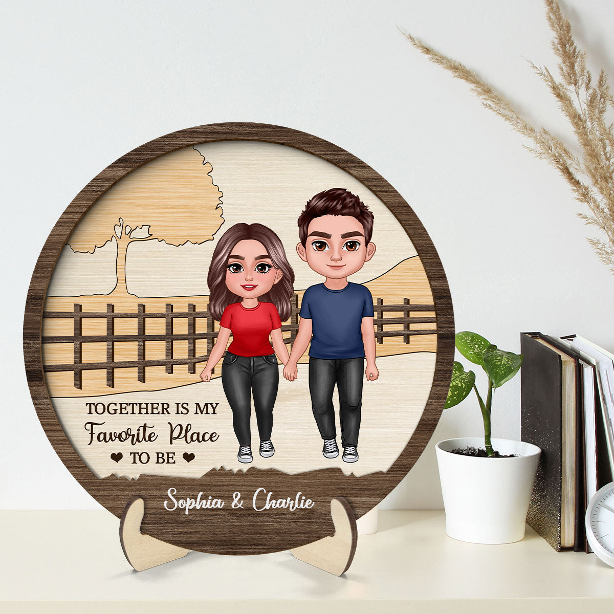 Couple Standing Landscape Personalized 2-layer Wooden Plaque