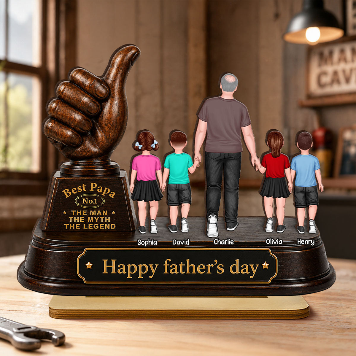 No. 1 Dad Grandpa Trophy - Personalized 2-Layered Wooden Plaque - Father's Day Gift for Dad, Husband