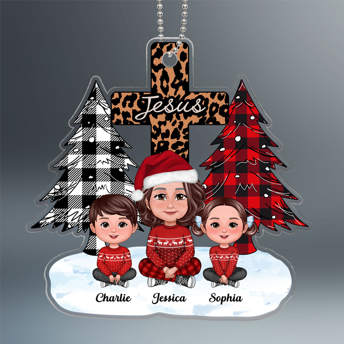 Christmas Tree & Cross Cute Grandma & Grandkids Sitting Personalized Acrylic Ornament