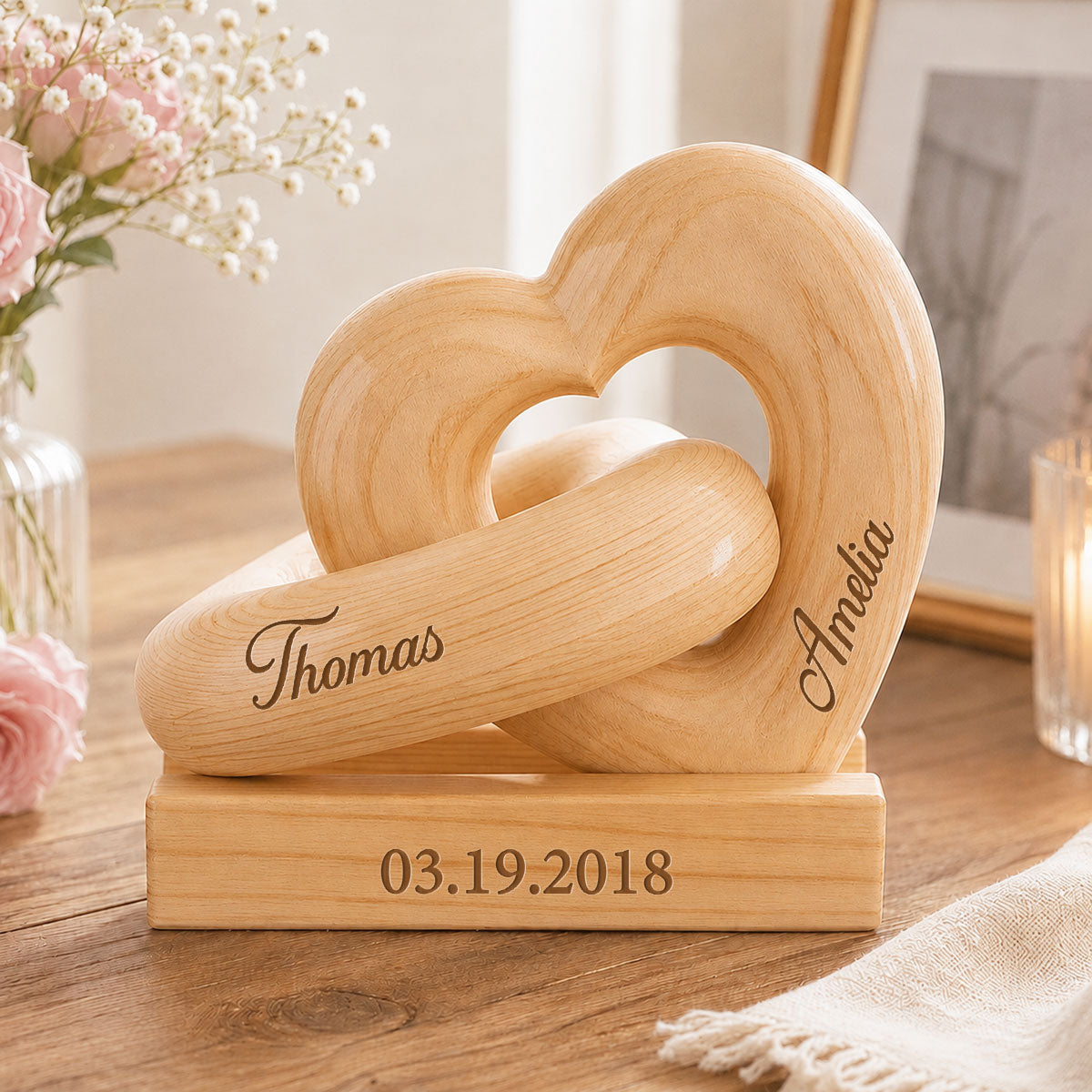 Personalized Wooden Heart Sculpture, Custom Couple Names Gift, Romantic Anniversary Gift, Heartfelt Gift for Her, Gift for Him