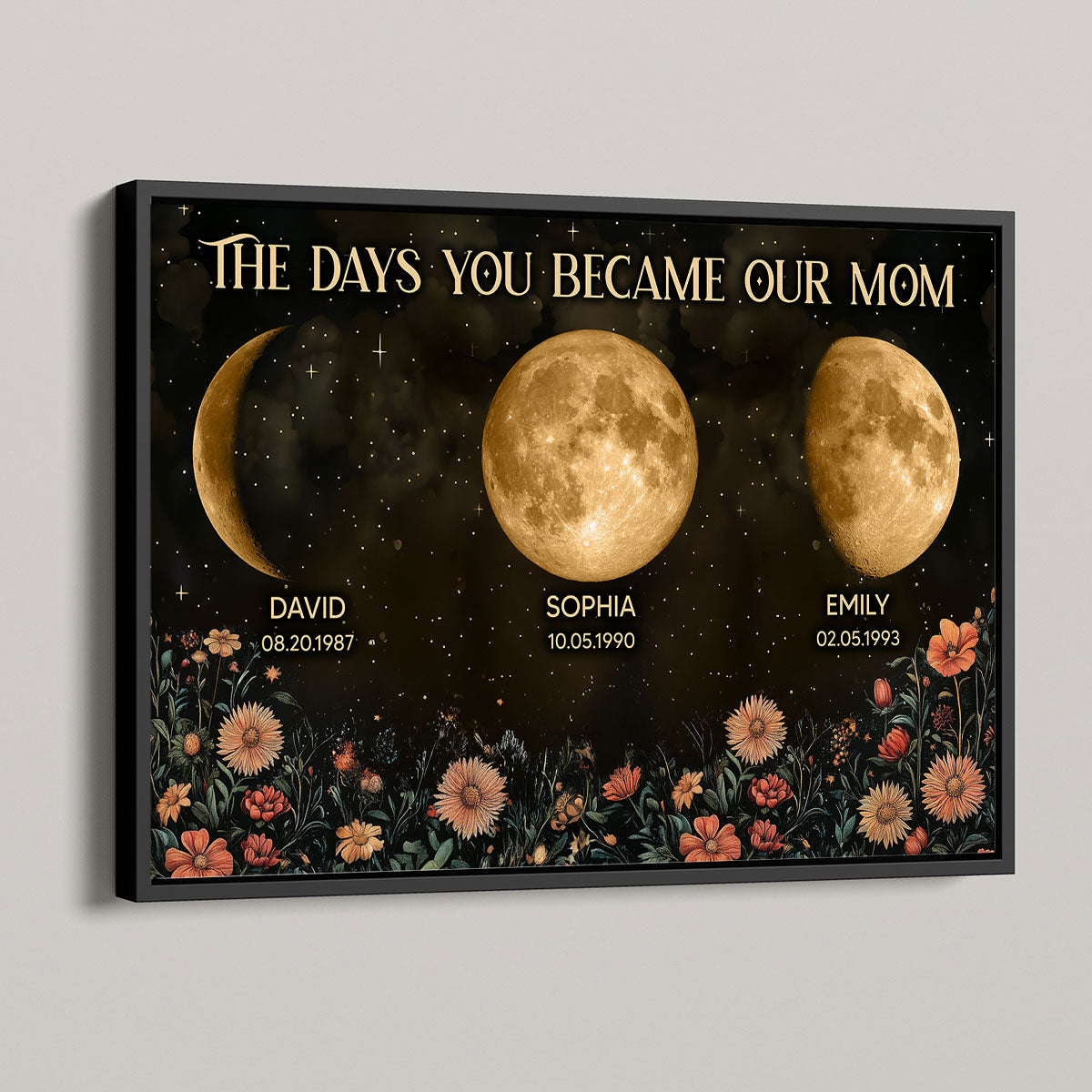 Vintage Flowers The Day You Become Mom Birth Moon Phase Personalized Poster, A Heartfelt Gift for Mom’s Birthday, Mother’s Day, or Just Because