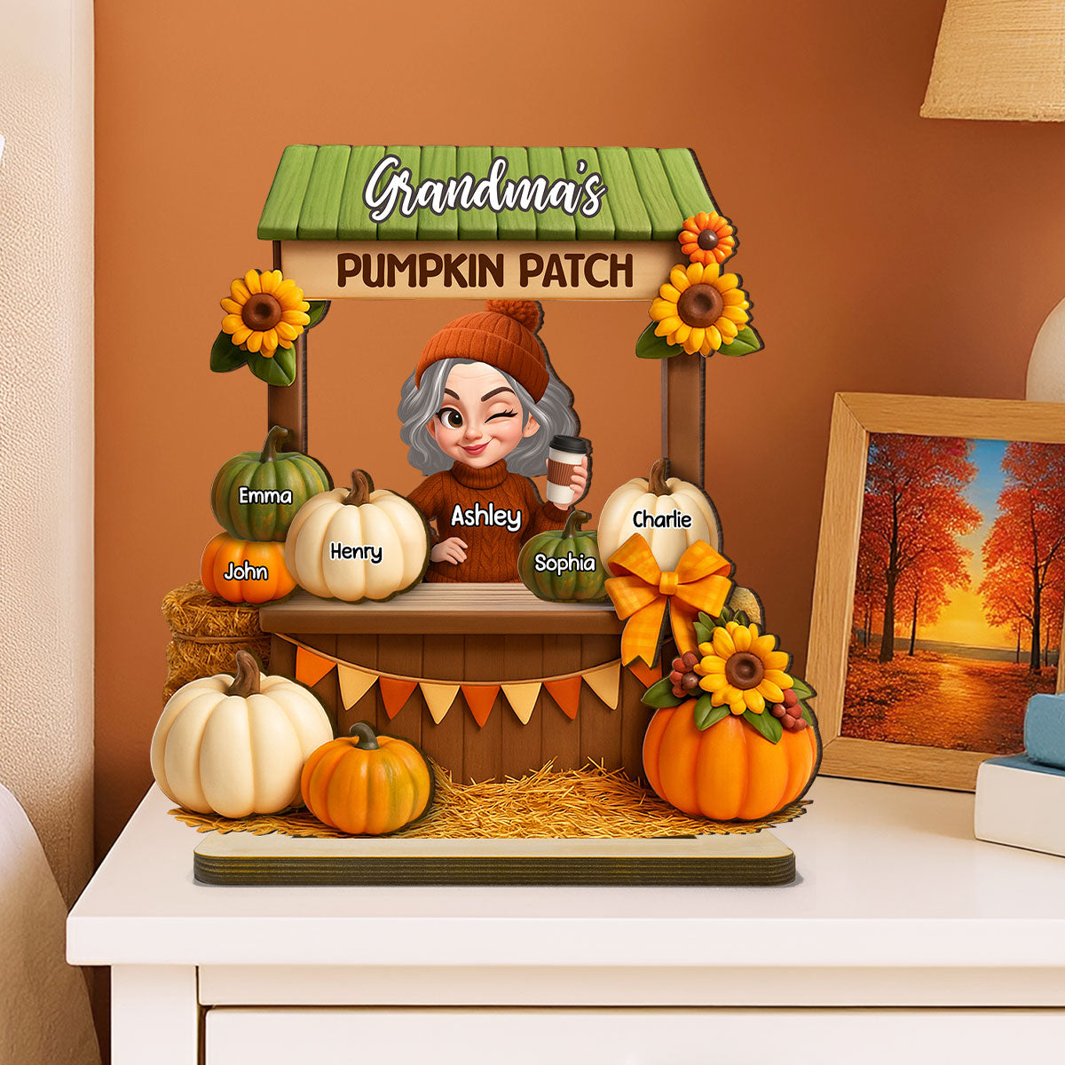 Grandma Mom Fall Season Pumpkin Stand 3D Effect Personalized Wooden Plaque