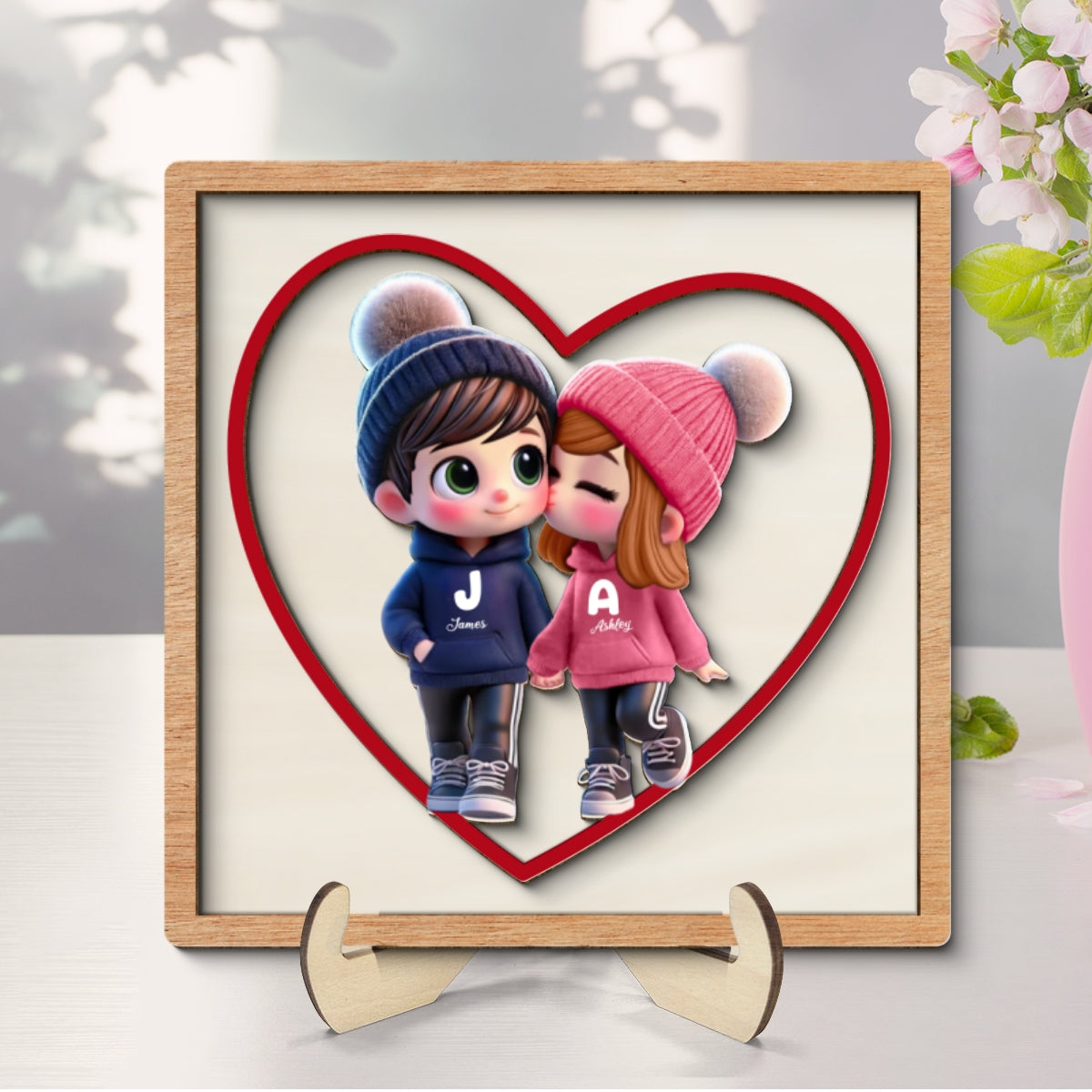 3D Effect Personalized Initials Heart Sign Personalized 2-Layered Wooden Plaque, Cute Cartoon Couple Walking, Tiered Tray Valentines Signs or Shelf Signs