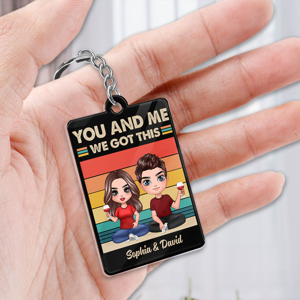 Retro Background Doll Couple Sitting Favorite Song Scannable QR Code Personalized Acrylic Keychain