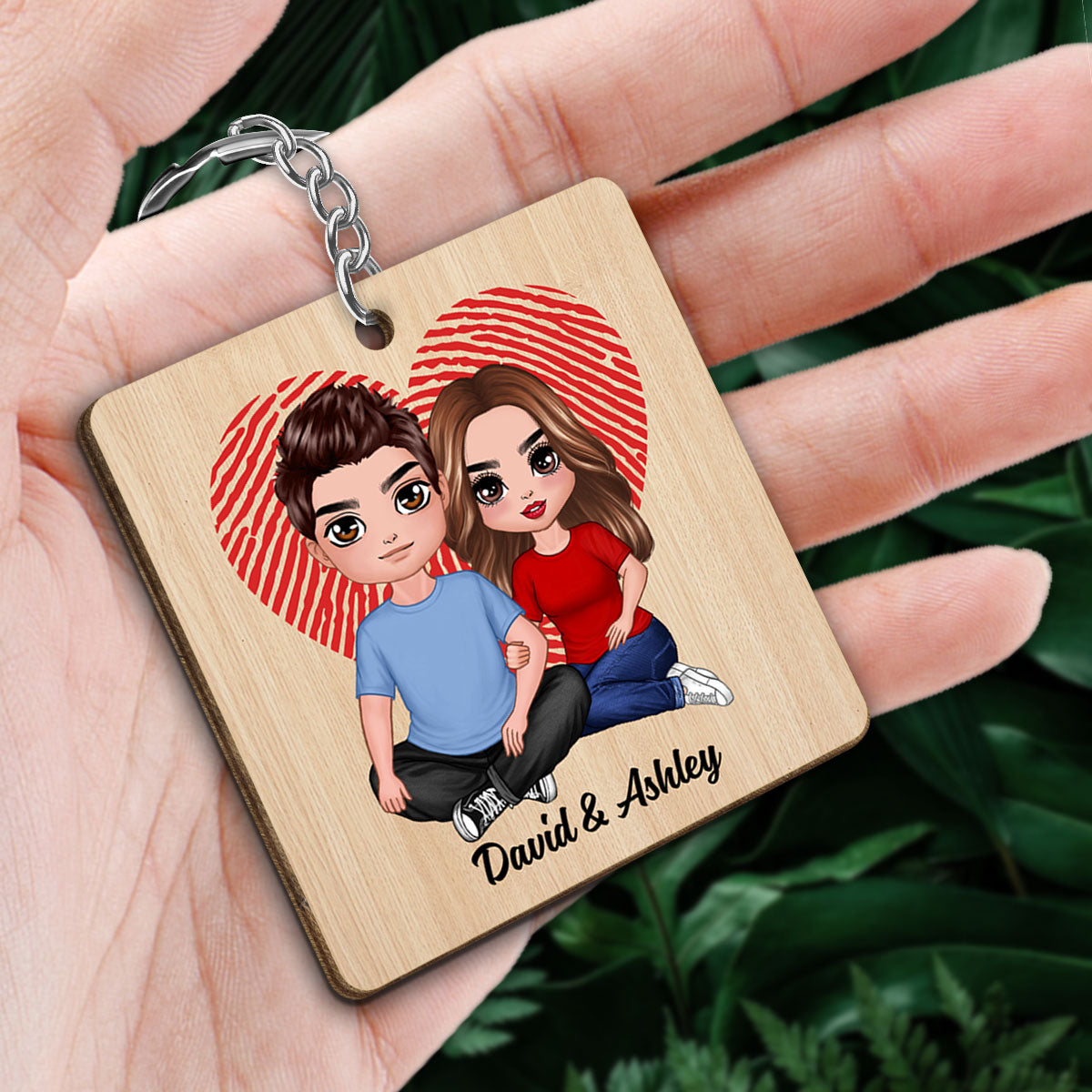 Doll Embracing Couple Sitting Calendar Anniversary Date Personalized Wooden Keychain