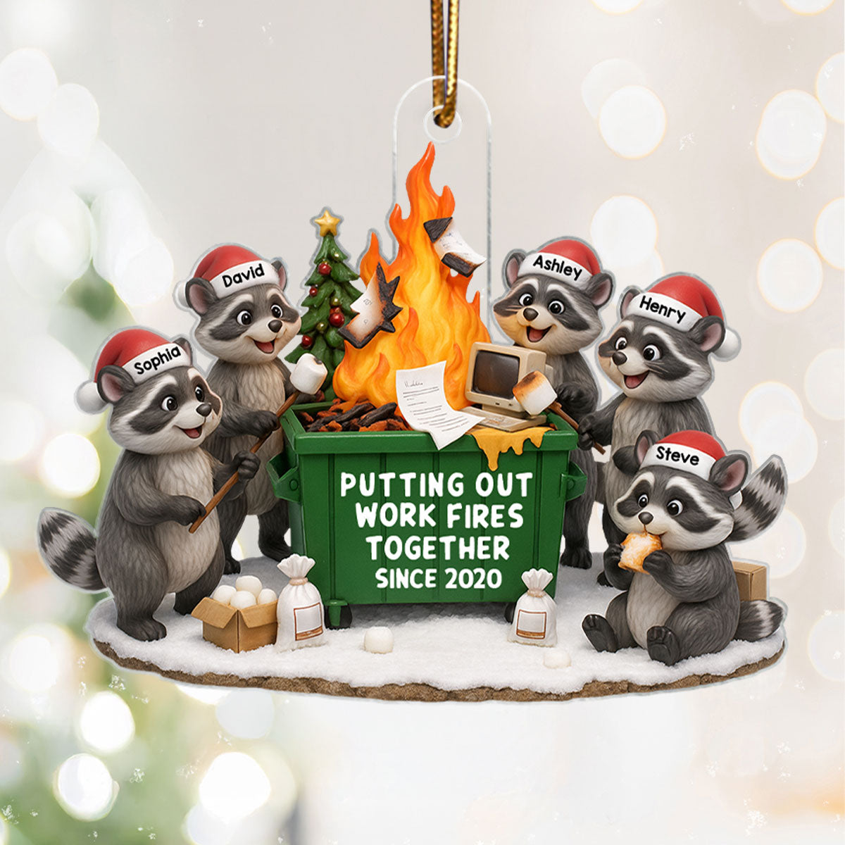 Funny Raccoon Putting out Work Fire Together Dumpster Fire - Personalized Acrylic Ornament - Funny Holiday Gift for Coworkers
