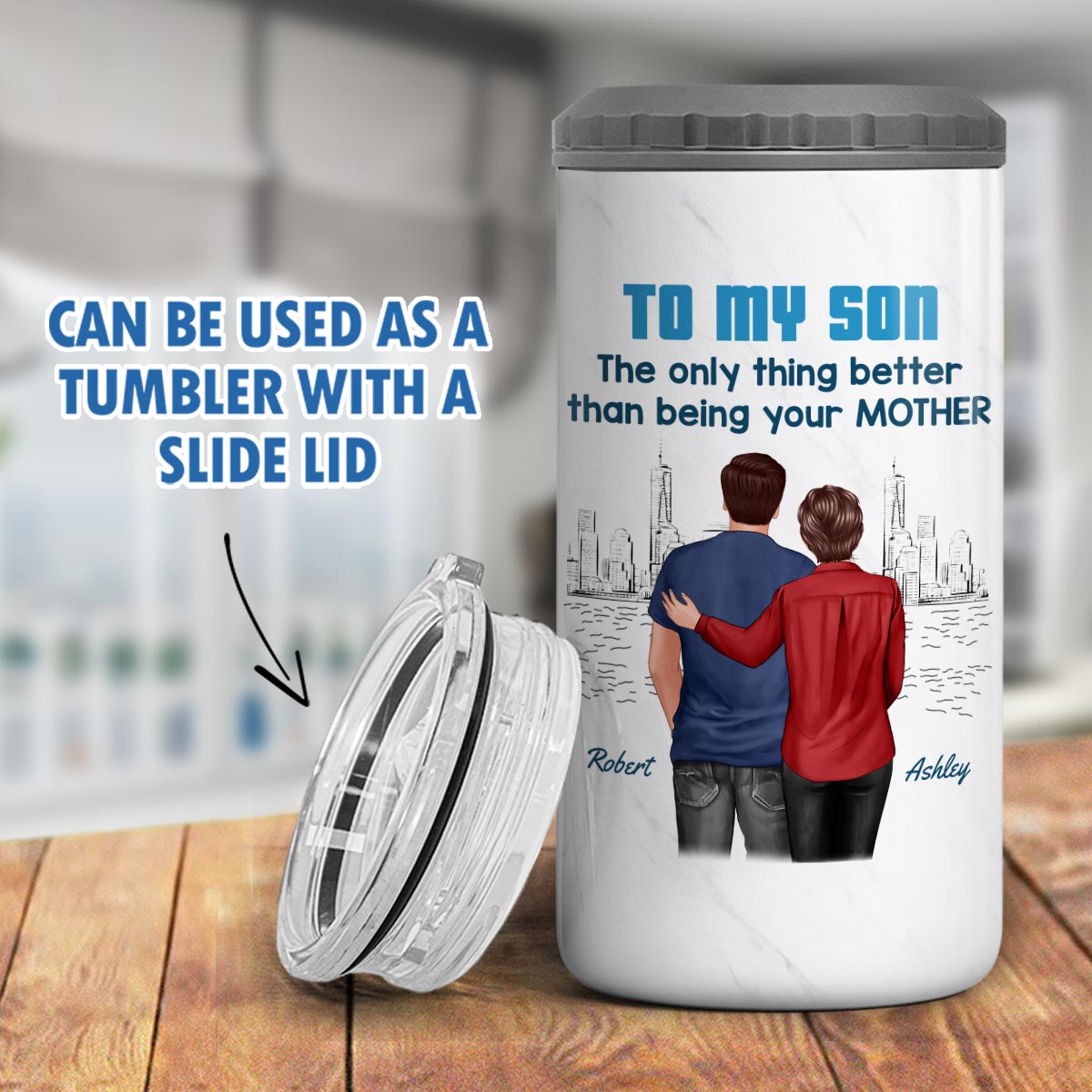 From Mom Dad To Son Watching You Be A Dad Blue Tone Personalized 4-in-1 Can Cooler, Gift For Son
