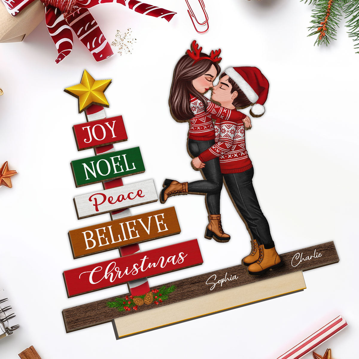Couple Hugging Kissing Joy Peace Believe Christmas Decor Personalized 2-Layer Standing Wooden Plaque