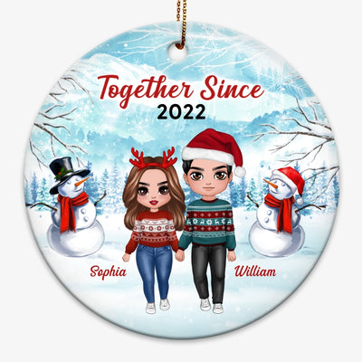 Doll Couple Standing Under Snow Together Since Christmas Personalized Circle Ornament