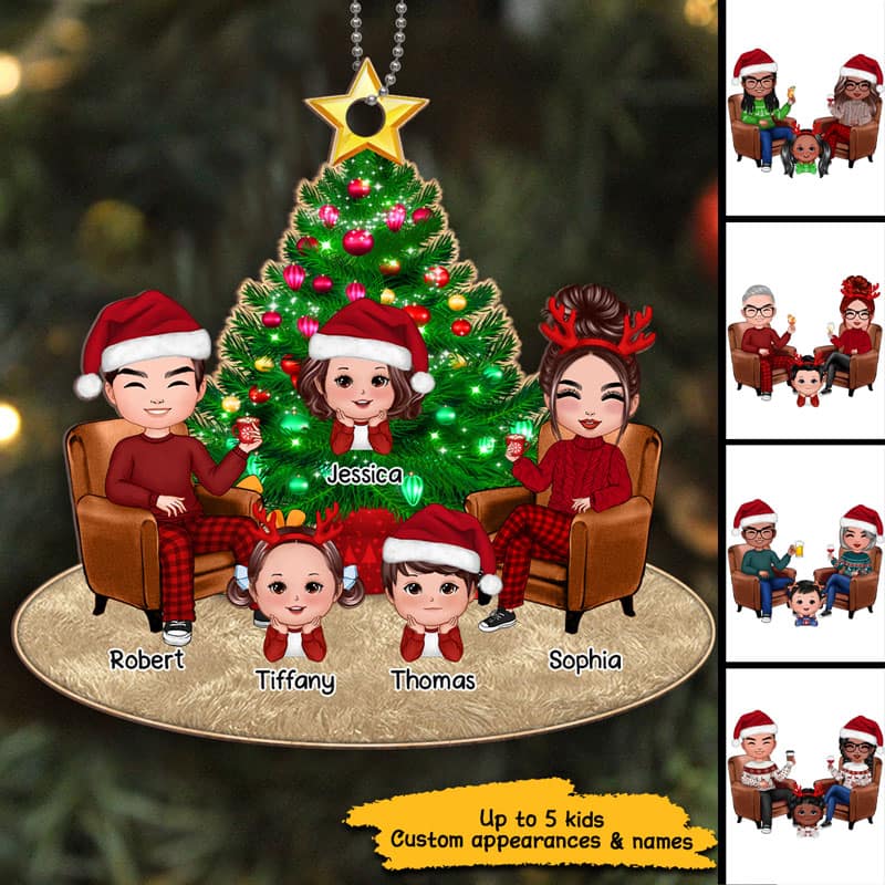 Doll Family Around Christmas Tree Personalized Wooden Ornament