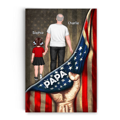 Dad Papa Grandpa Kids Walking Hand Pulling American Flag Personalized Poster, Meaningful Father's Day Gift for Dad, Gift for Husband