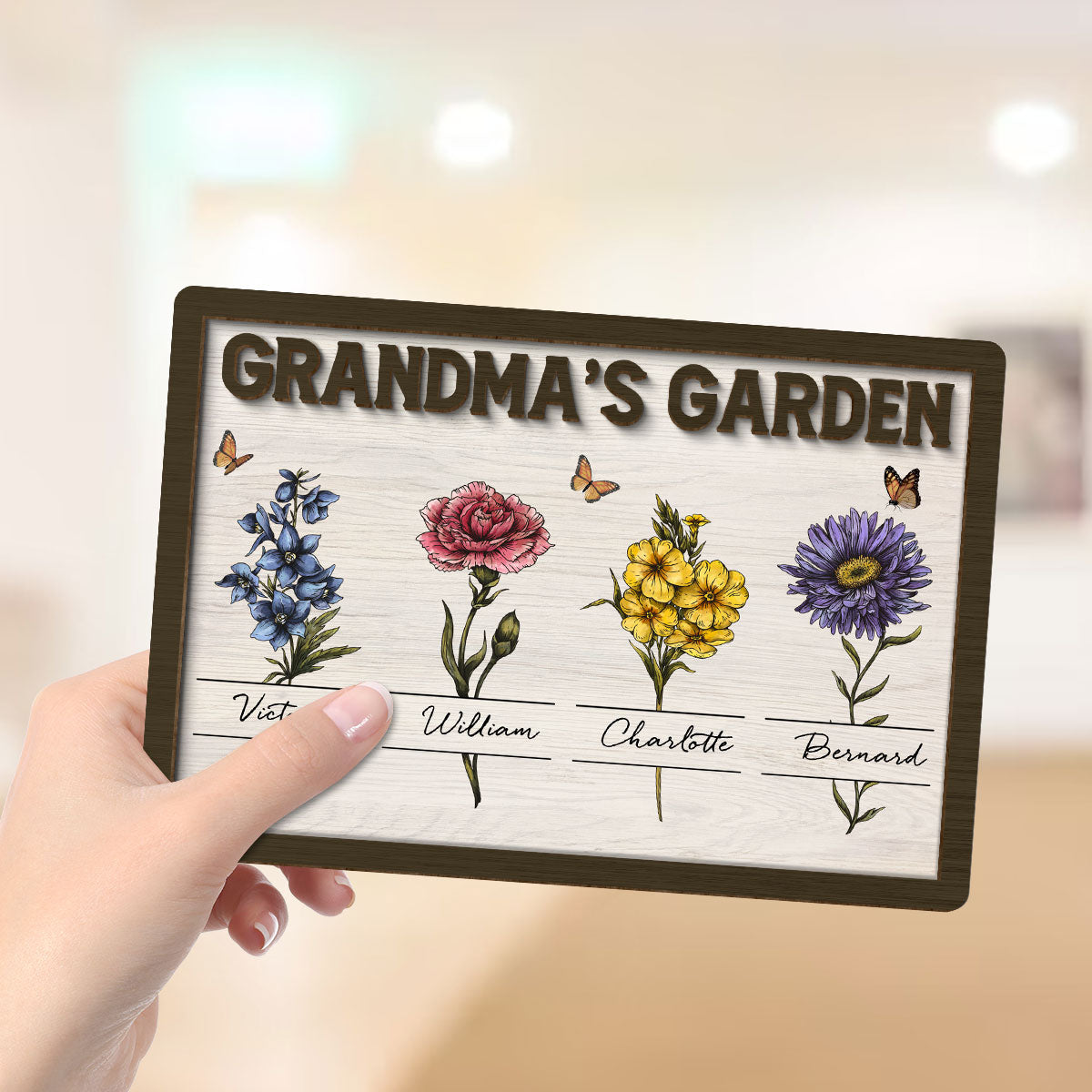 Gift For Grandma Grandma‘s Garden Beautiful Vintage Birth Month Flower With Names Personalized 2-Layer Wooden Plaque