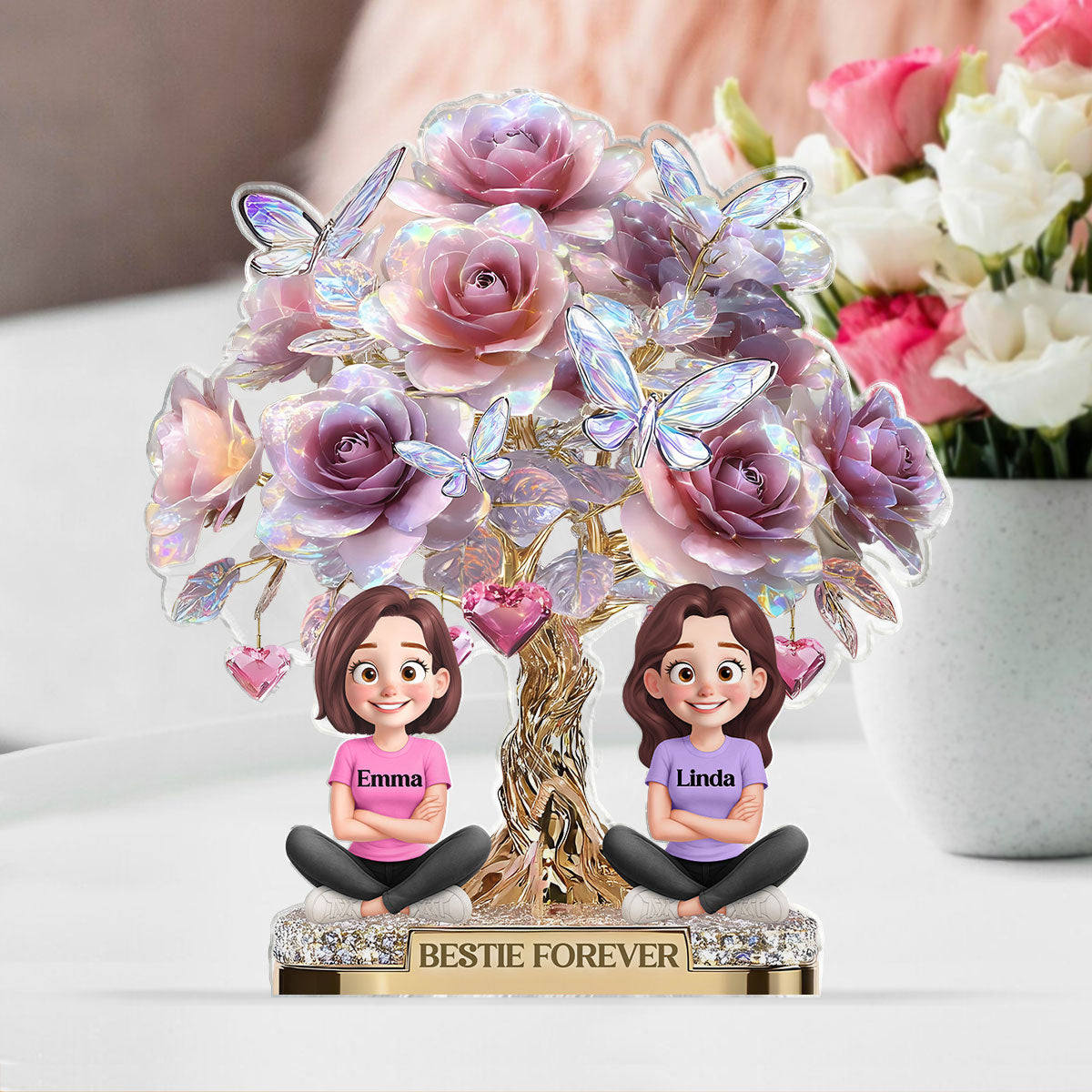 3D Effect Rose Tree Besties Sisters Personalized Acrylic Block Plaque