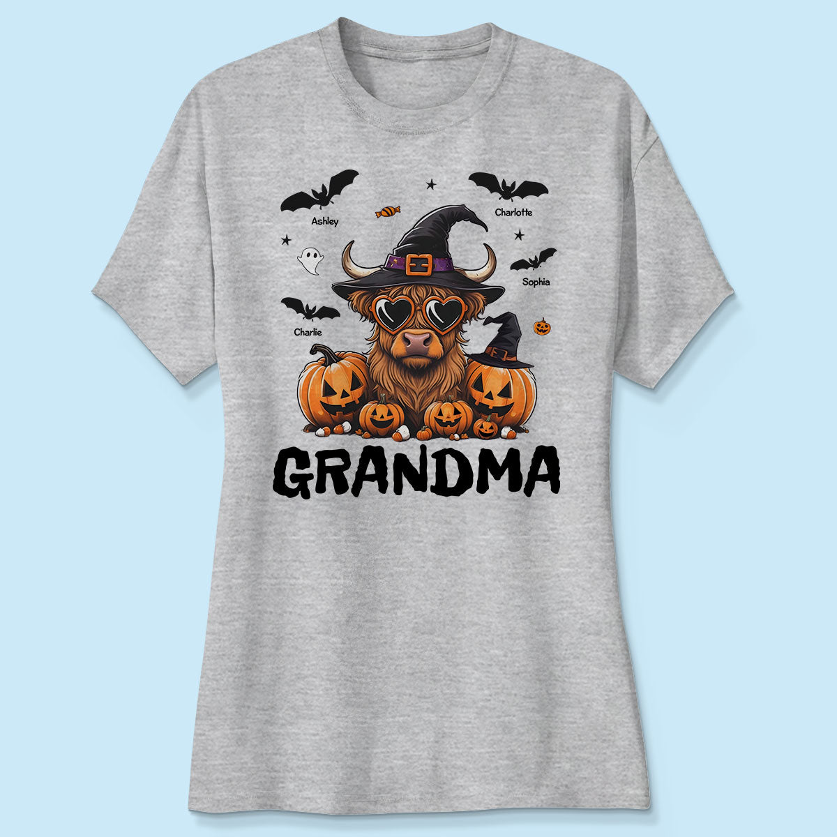 Grandma Halloween Highland Cow & Bats Kids Personalized Shirt, Gift For Grandma