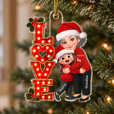 Grandma Hugging Grandkids LOVE Christmas Marquee 2D Flat - Personalized Acrylic Ornament - Christmas Gift For Grandma, Granddaughter, Grandson