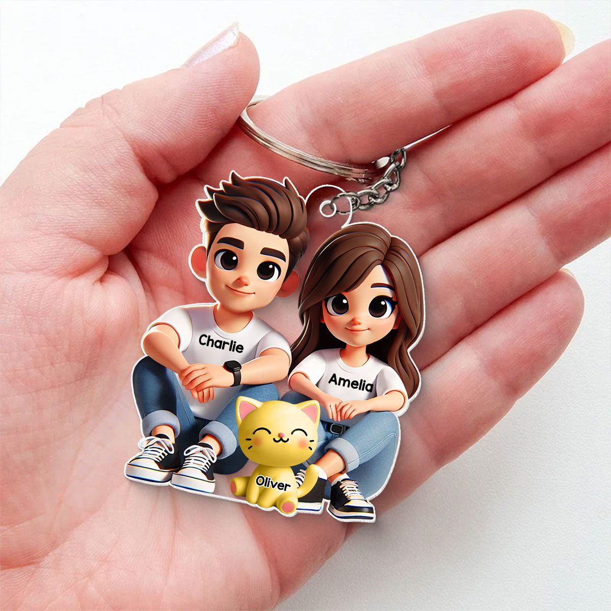 3D Effect Cute Couple And Dogs Cats Sitting Personalized Acrylic Keychain, Anniversary Gift,  gift