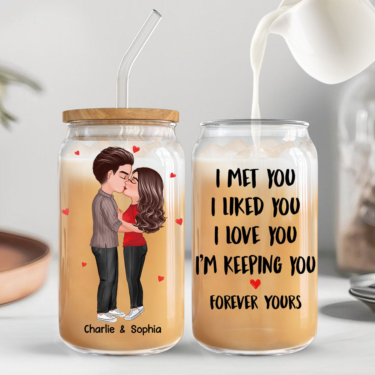 Couple Kissing I Met You Personalized Clear Glass Can