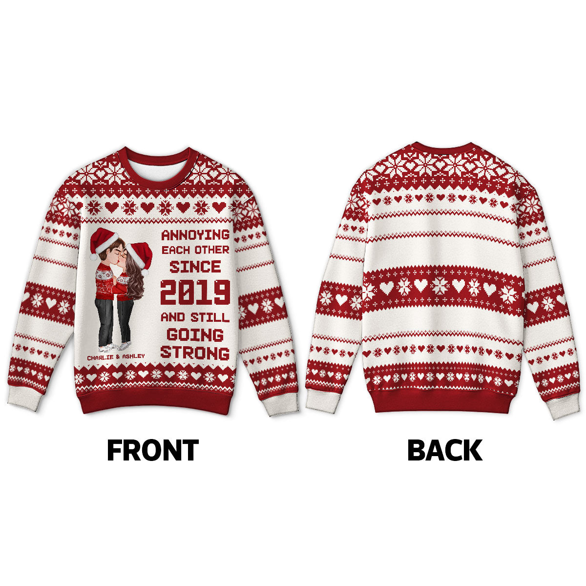 Christmas Hugging Kissing Couple Personalized Faux Knitting Ugly Sweater, Gift For Him, For Her