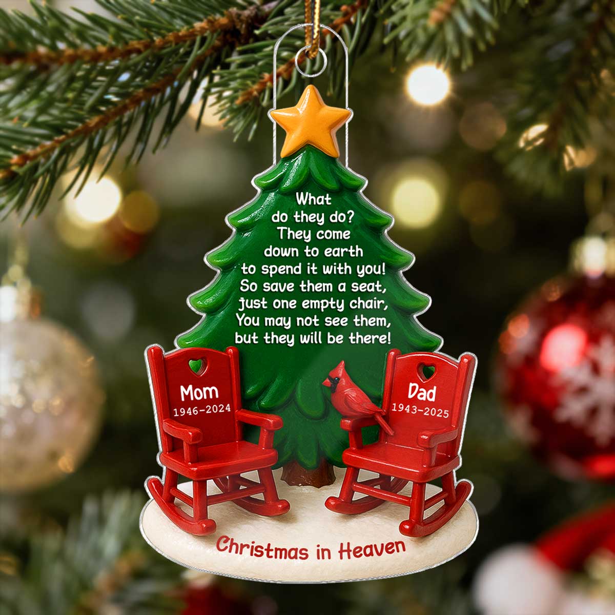 Christmas In Heaven Save A Seat 3D Effect - Personalized Acrylic Ornament - Christmas Memorial Keepsake For Family