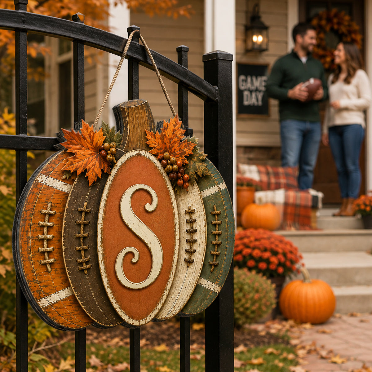 Pumpkin Football Family Initial - Personalized Door Hanger Sign - Rustic Front Porch Fall Decor