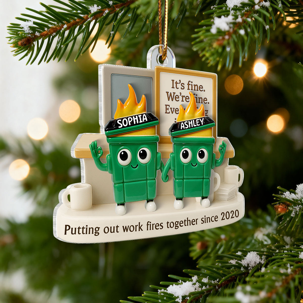 3D Effect Dumpster Fires Putting Out Work Fires Together - Personalized Acrylic Ornament - Funny Gift For Colleagues, Work Besties
