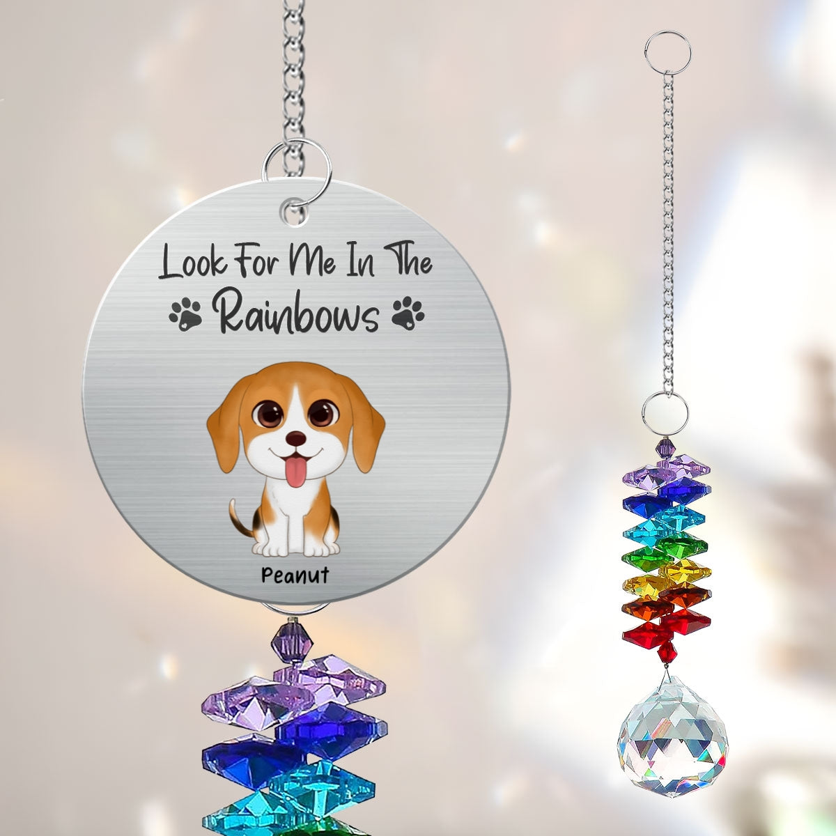 Dog Pet Memorial Look For Me In The Rainbows Personalized Crystal Suncatcher With Aluminum Charm