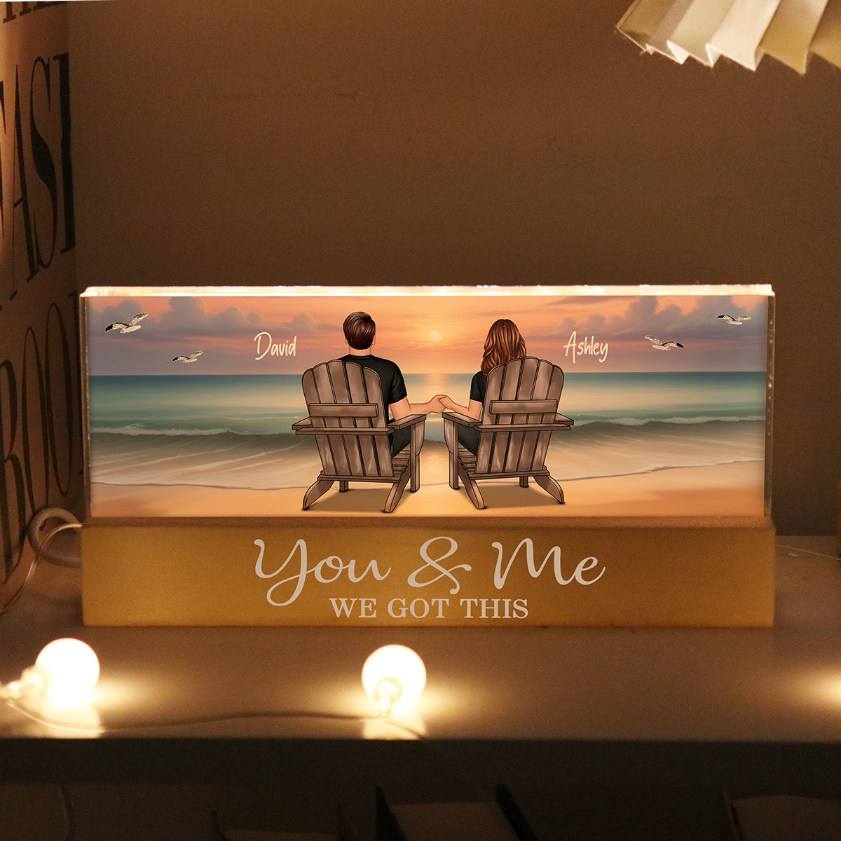 Eternal Sunset Beach Couple Personalized Acrylic LED Night Light, Heartfelt Anniversary Gift For Girlfriend, For Wife