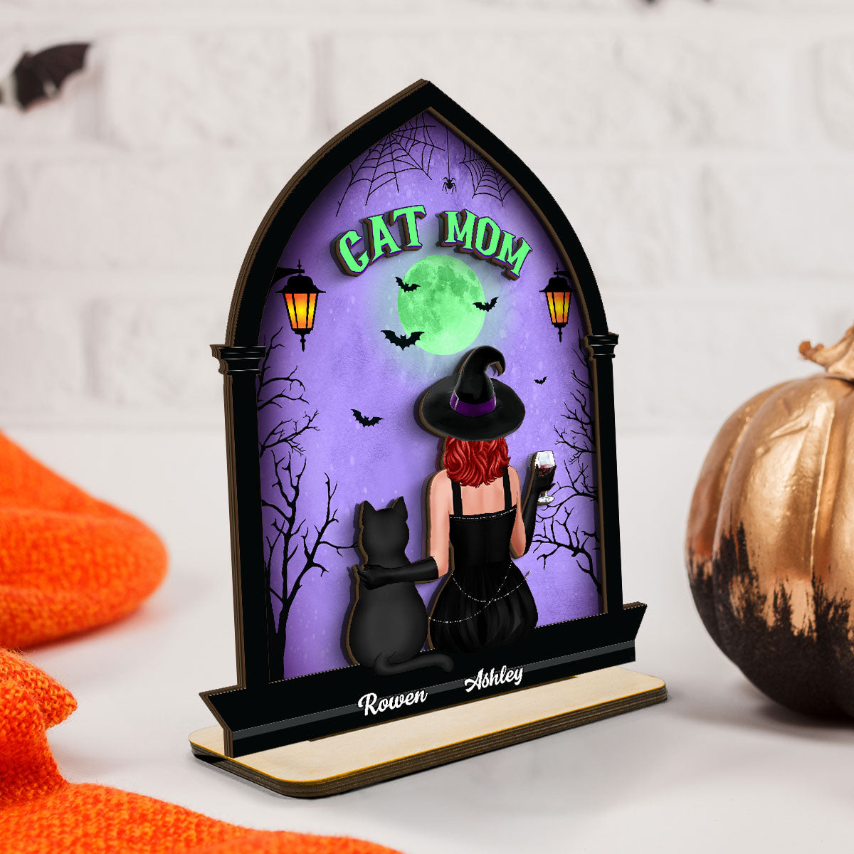 Halloween Witch and Cats Gothic Window Shaped Personalized 2-Layer Wooden Standing Plaque