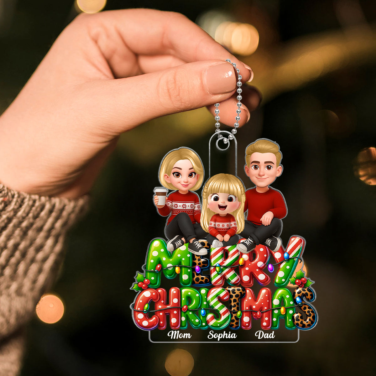 Merry Christmas 2025 Family Sitting on Text Personalized Acrylic Ornament, Christmas Gift for Husband, Wife, Kid