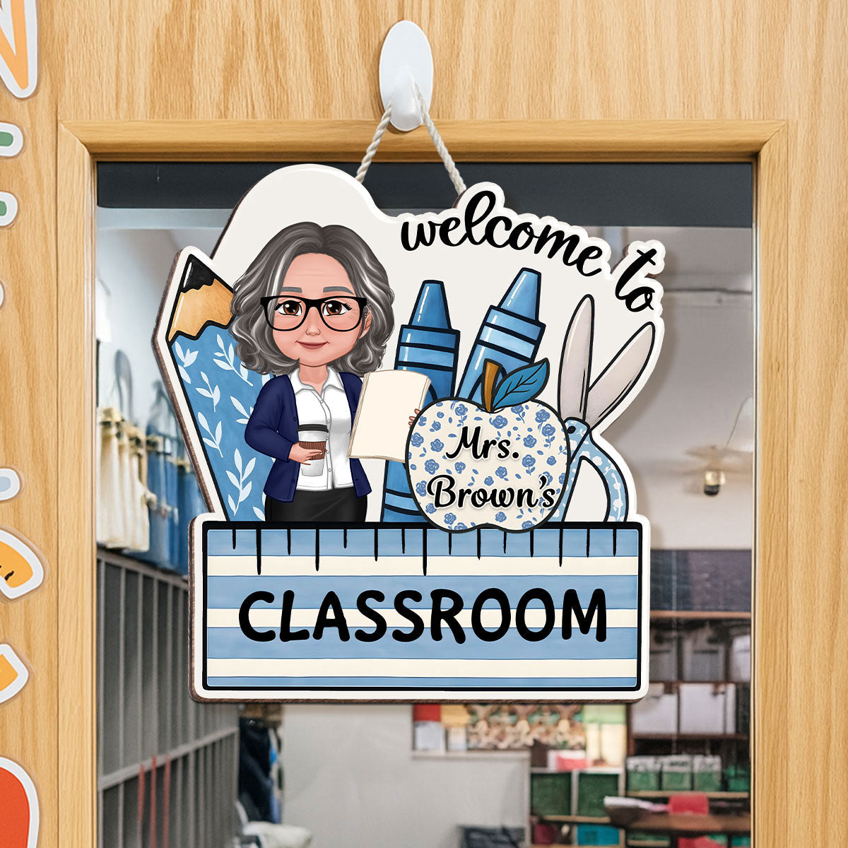 Welcome To Teacher Classroom Blue Floral Personalized Door Sign