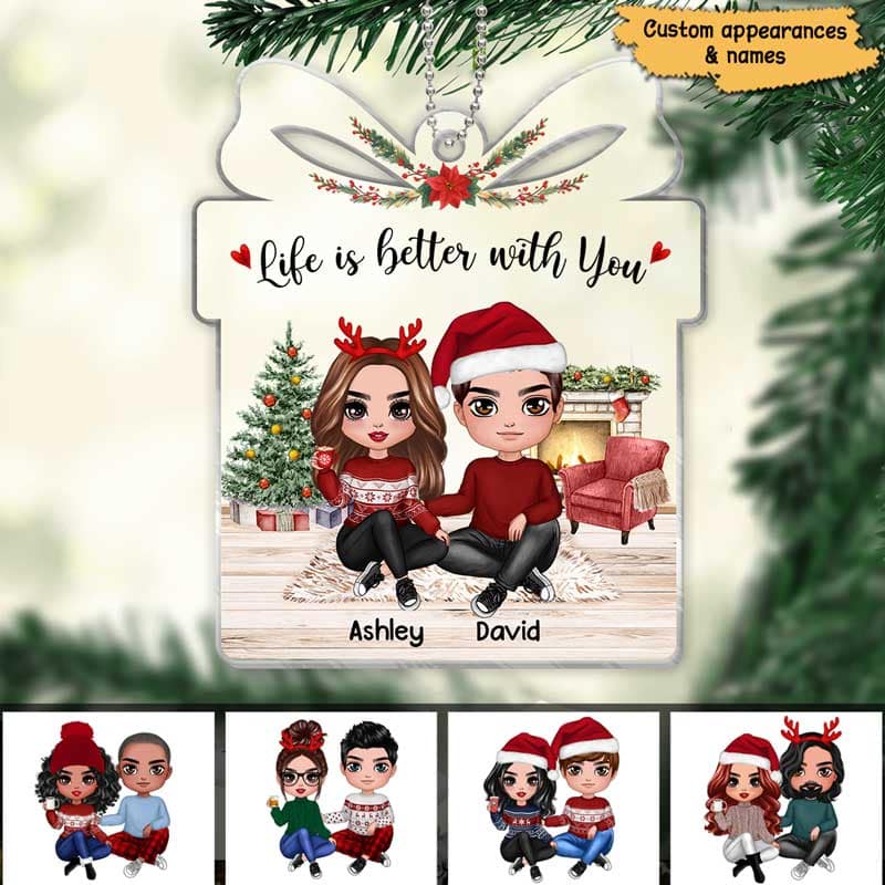 Doll Couple In House Gift Shape Christmas Personalized Acrylic Ornament